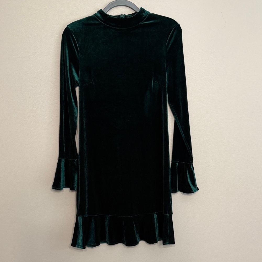 Pink Lily Velvet Long Sleeve Dress in Deep Green